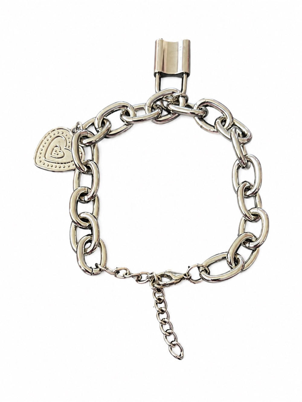 Silver Tone Chunky Chain Bracelet Heart Charm Adjustable Statement Jewelry